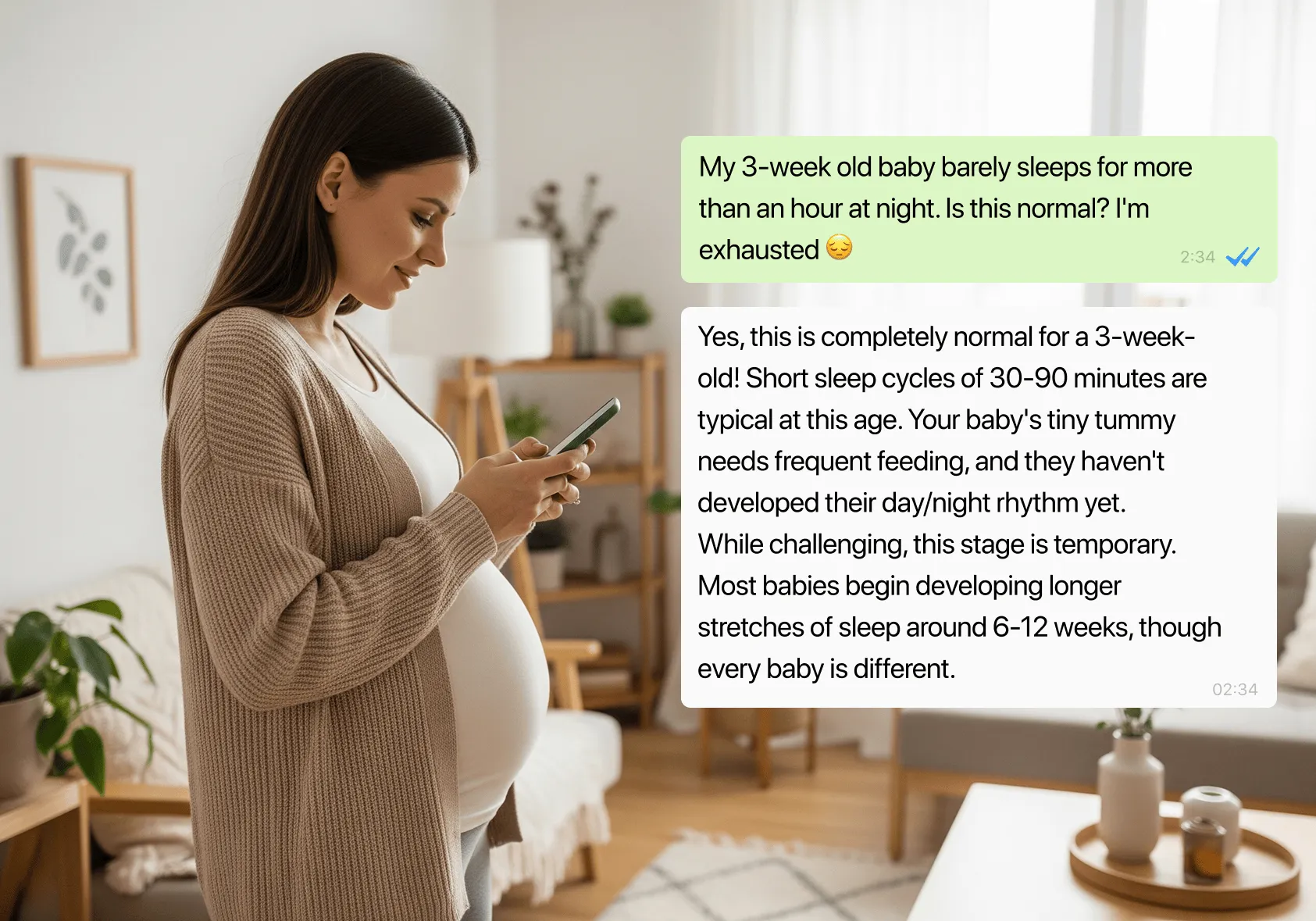 Pregnant woman using BubbleMom on WhatsApp